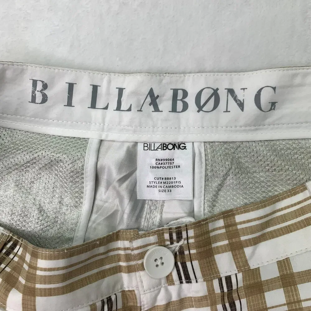 NWT Billabong Mens Sz 33 Boardshorts Hybrid Chino Tan White Plaid Preppy Swim